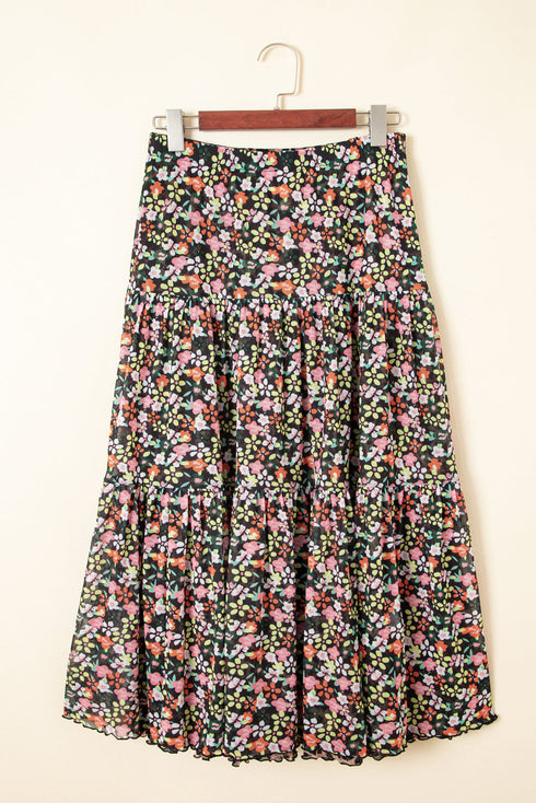 Reversible Leopard Floral Ruffle Hem Southern Maxi Skirt